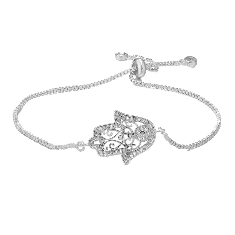 Juya Handmade Copper Adjustable Chains Micro Pave Zircon Enamel Greek Evil Eye Of Fatima Hamsa Hand Bracelets For Women Men
