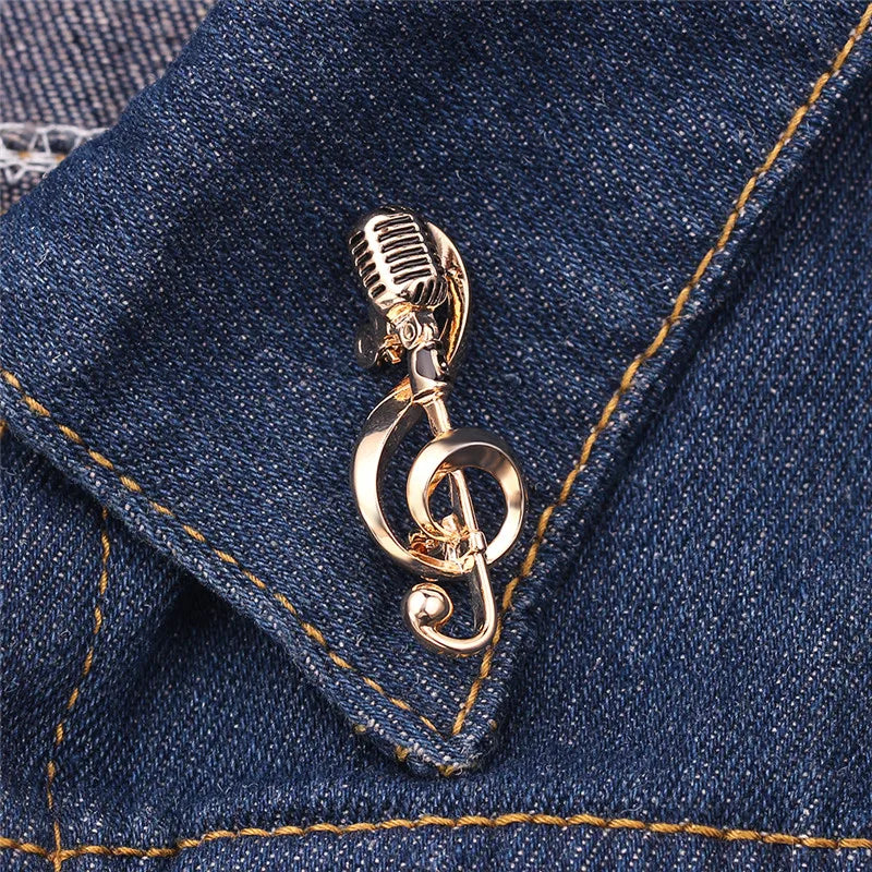 Fashion Microphone Music Note Brooches For Women And Men Gifts Gold Color Lapel Pin Men Backpack Bags Badge Kids Gifts
