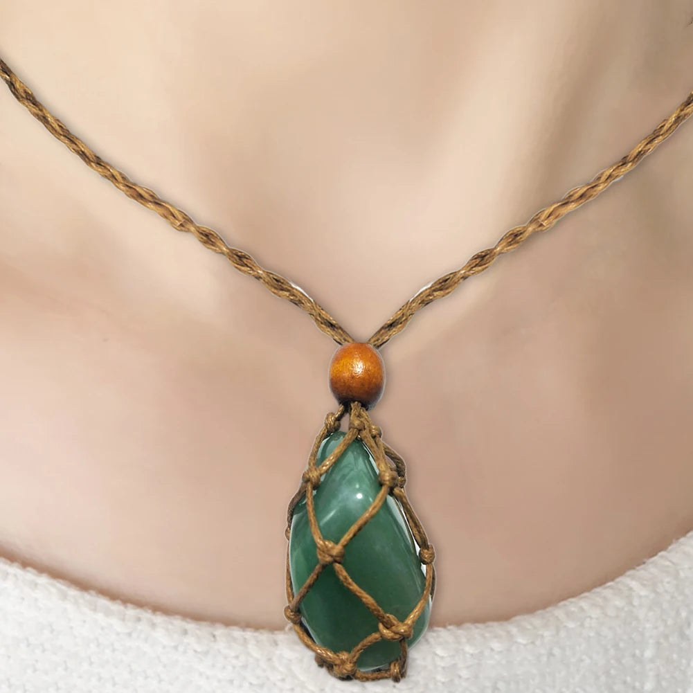 Necklace Cord Empty Stone Holder Natural Quartz Crystal Raw Stone Chakra Point Healing Fish Netted Indians Amulets Pendant 1pc