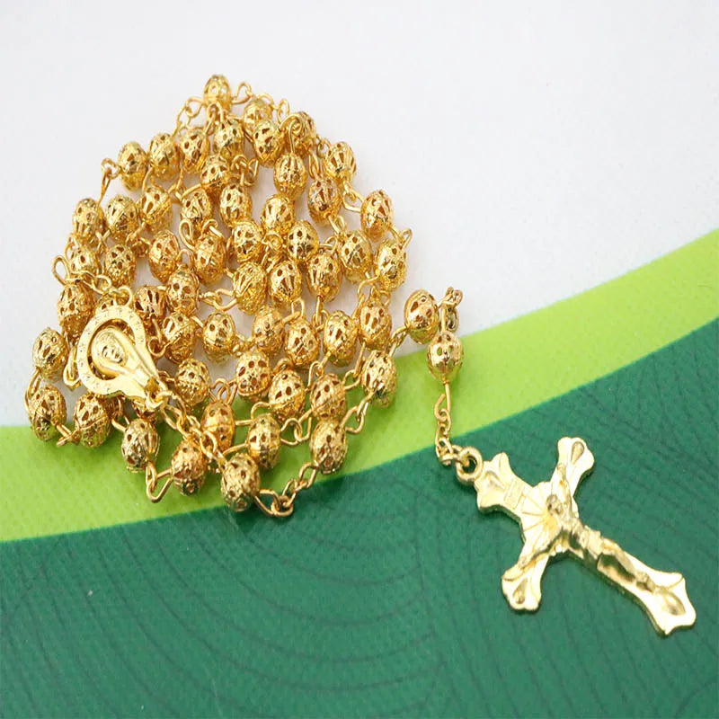 6MM Crystal Bead Cross Necklace Premium Golden Hollow Bead Necklace Rosary, Hollow Bead Cross Necklace