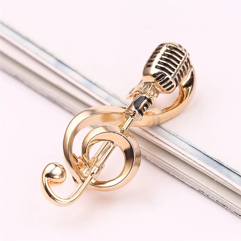 Fashion Microphone Music Note Brooches For Women And Men Gifts Gold Color Lapel Pin Men Backpack Bags Badge Kids Gifts