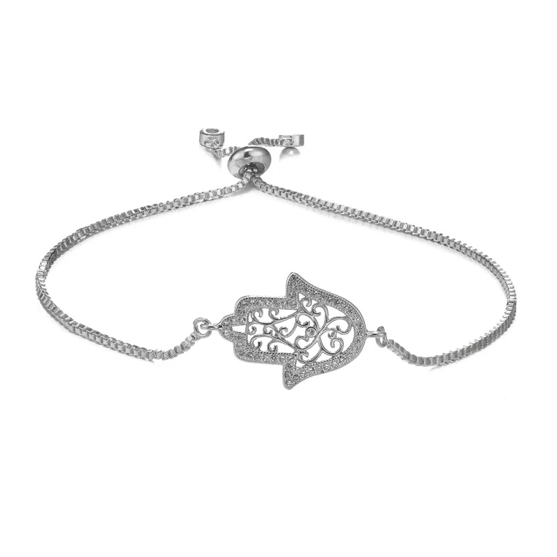 Juya Handmade Copper Adjustable Chains Micro Pave Zircon Enamel Greek Evil Eye Of Fatima Hamsa Hand Bracelets For Women Men