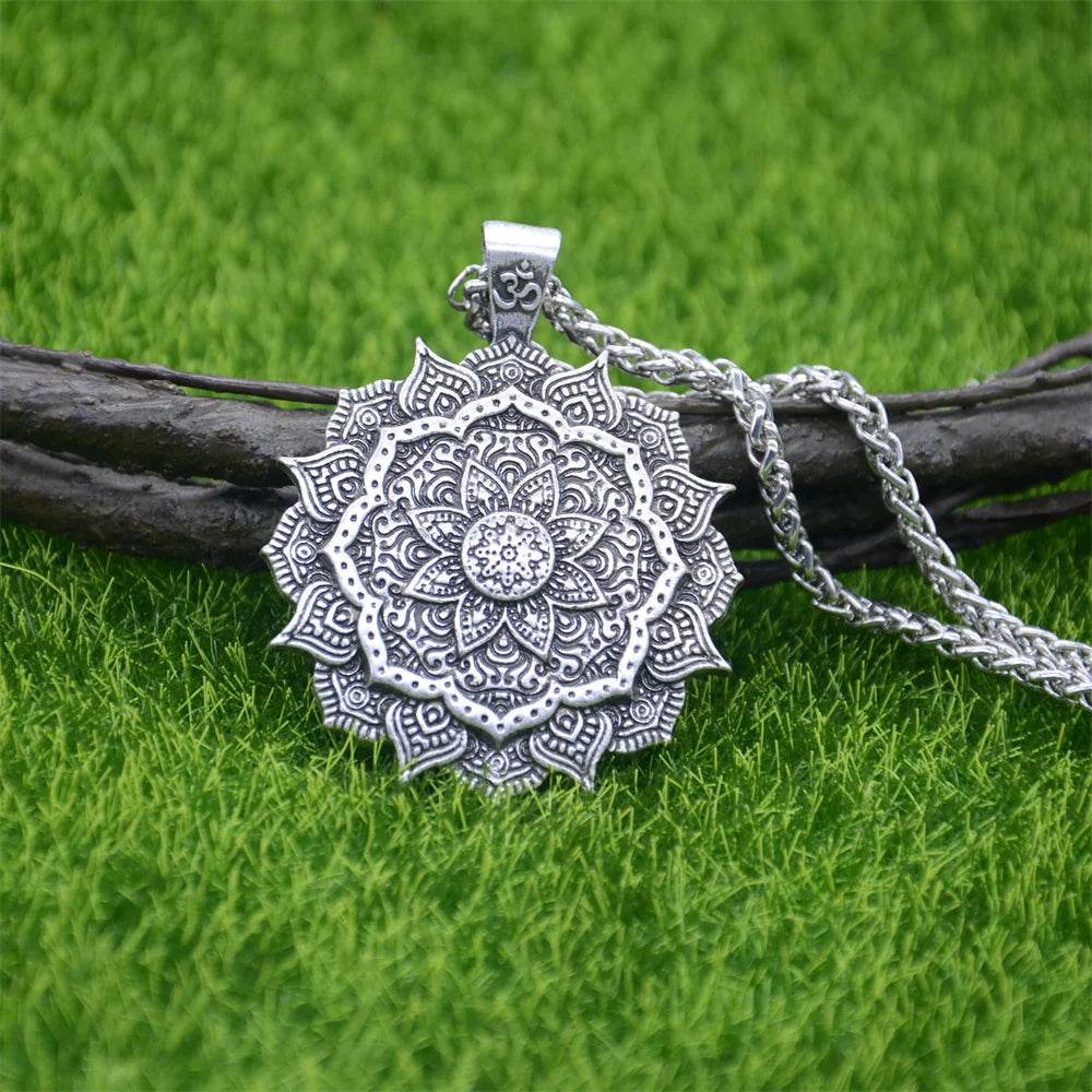 Om Yoga Lotus Flower Pendant Necklace Religious Buddha Mandala Meditation Spiritual Indian Jewelry