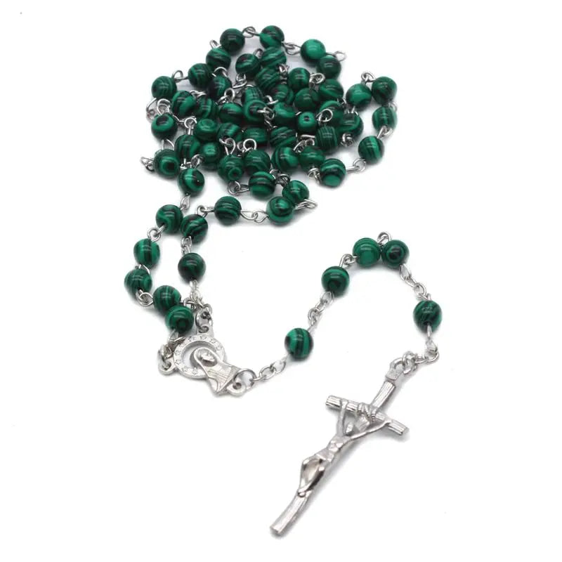 Malachite Cross Pendant Rosary Beads Chain Necklace Christian Religion Men Women Jewelry Charm Gifts