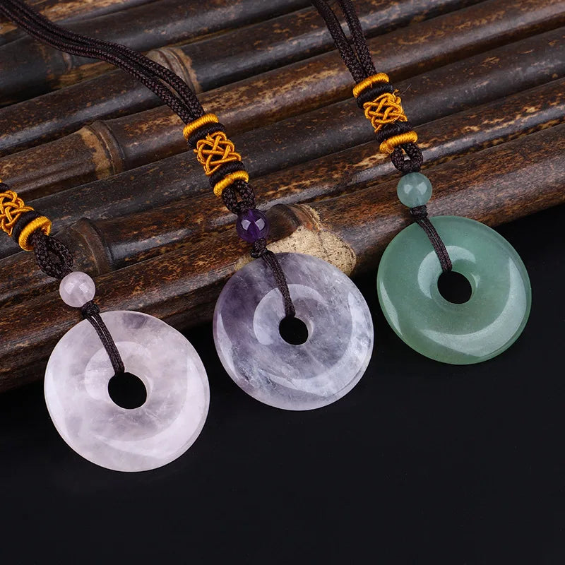 Reiki Healing Crystal Circle Donut Necklace Natural Amethyst Stone Amulet Lucky Coin Pendent Necklace Jewellry Gift Dropshipping