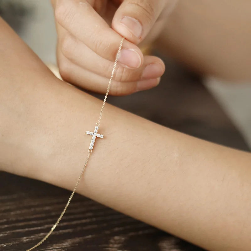 Timeless Classic Inlaid Zircon Cross 925 Sterling Silver 14K Gold Plated Thin Bracelet for Women Party Jewelry Gifts