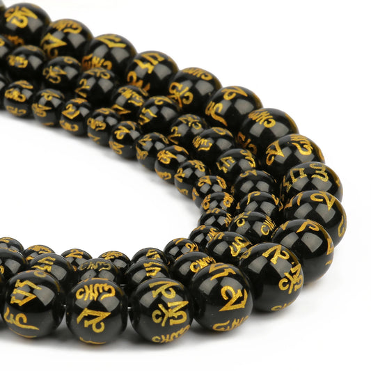 8/10mm Six Word Mantra Prayer Feng Shui Beads Black Obsidian Agate Round Buddha Beads for DIY Bracelets Jewelry Making Accsories