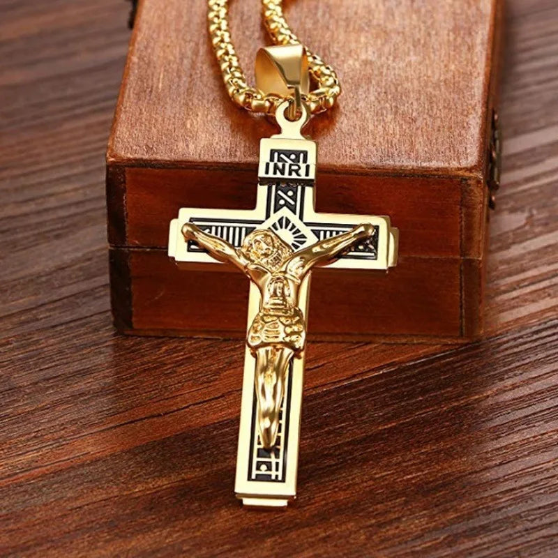 Vintage Jesus Cross Pendant Men and Women Amulet Necklace Catholic Christian Religious Prayer Jewelry Gift