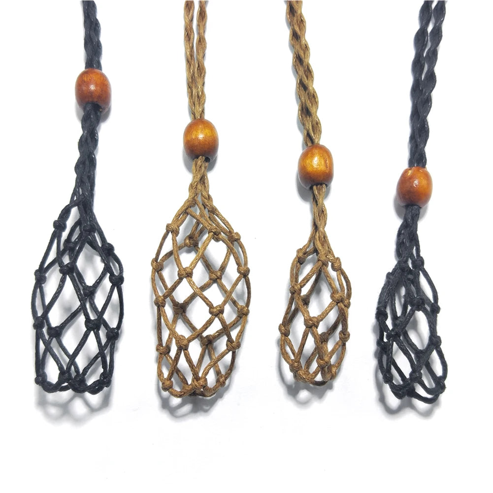 Necklace Cord Empty Stone Holder Natural Quartz Crystal Raw Stone Chakra Point Healing Fish Netted Indians Amulets Pendant 1pc