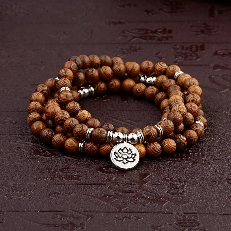 Multilayer Wood Beads Buddha Lotus OM Bracelet Tibetan Buddhist Mala Charm Rosary Bracelet Yoga Wooden For Women Men Jewelry