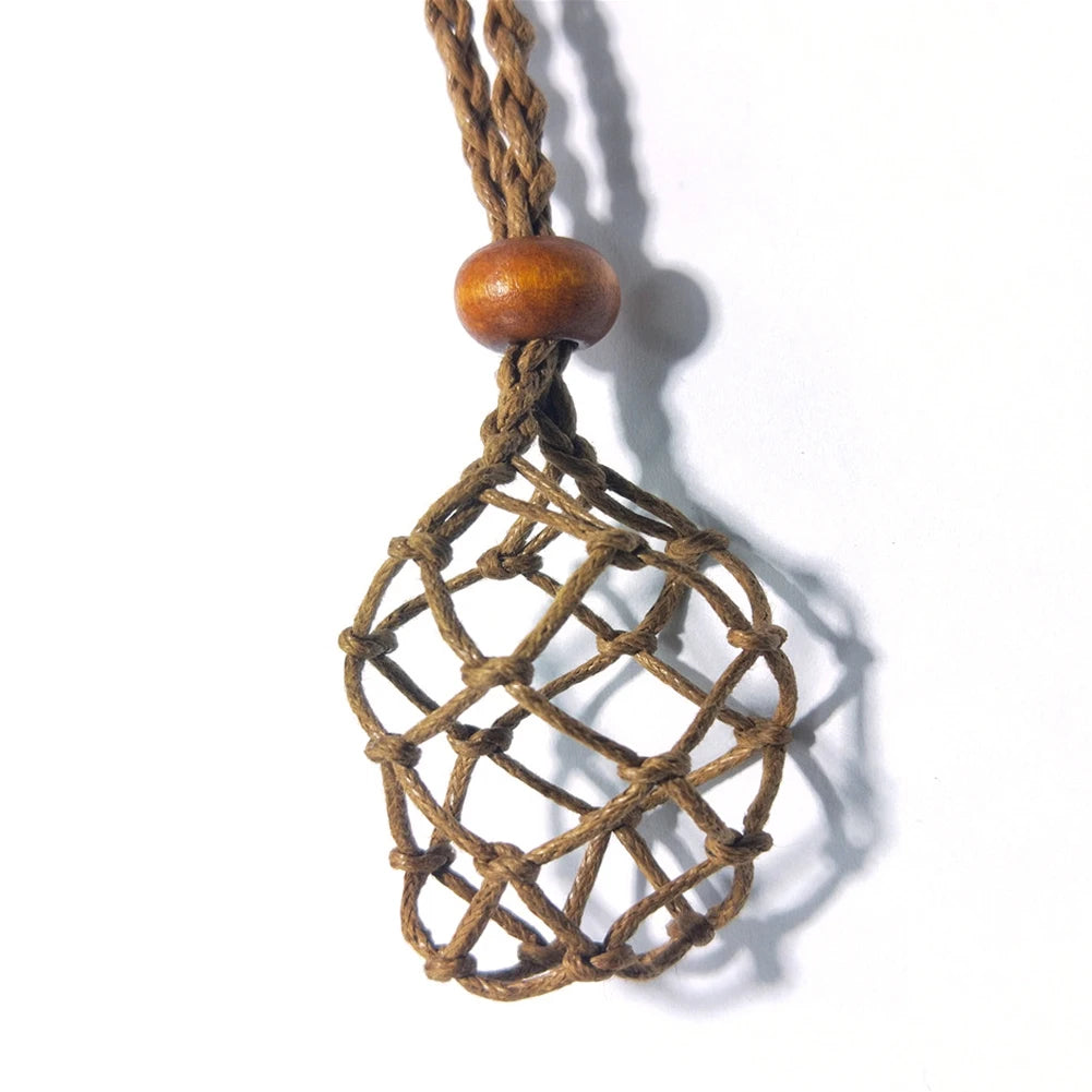 Necklace Cord Empty Stone Holder Natural Quartz Crystal Raw Stone Chakra Point Healing Fish Netted Indians Amulets Pendant 1pc