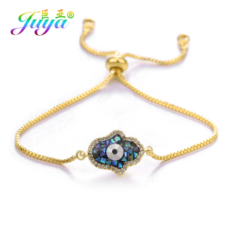 Juya Handmade Copper Adjustable Chains Micro Pave Zircon Enamel Greek Evil Eye Of Fatima Hamsa Hand Bracelets For Women Men