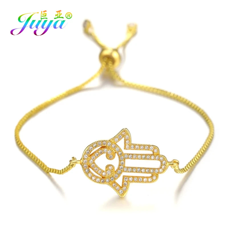 Juya Handmade Copper Adjustable Chains Micro Pave Zircon Enamel Greek Evil Eye Of Fatima Hamsa Hand Bracelets For Women Men