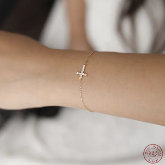 Timeless Classic Inlaid Zircon Cross 925 Sterling Silver 14K Gold Plated Thin Bracelet for Women Party Jewelry Gifts