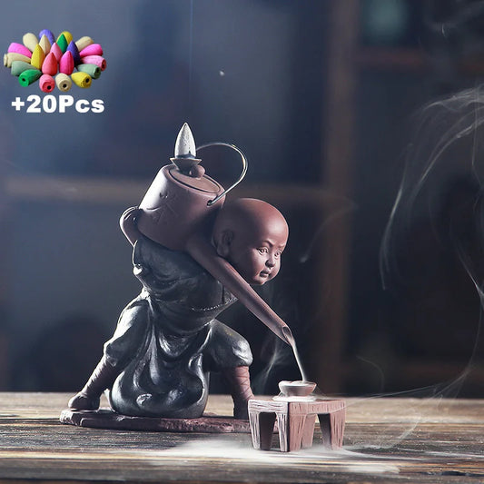 Gift 20Cones Creative Handmade Zen Kung Fu Monk Buddha Backflow Incense Burner Kungfu Tea Tea Art Tea Pet Smell Removing Incense