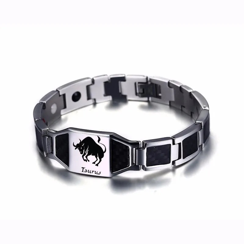 Vnox Gents Carbon Fiber Bracelets for Men Twelve Constellation Gemini Leo Engraved Stainless Steel Bio Energy with tool