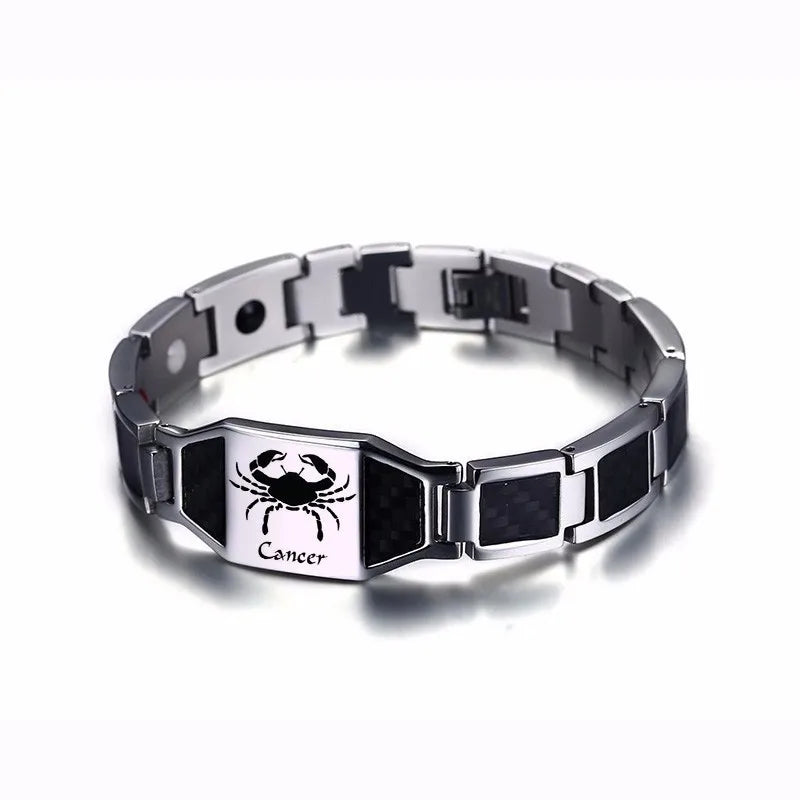 Vnox Gents Carbon Fiber Bracelets for Men Twelve Constellation Gemini Leo Engraved Stainless Steel Bio Energy with tool