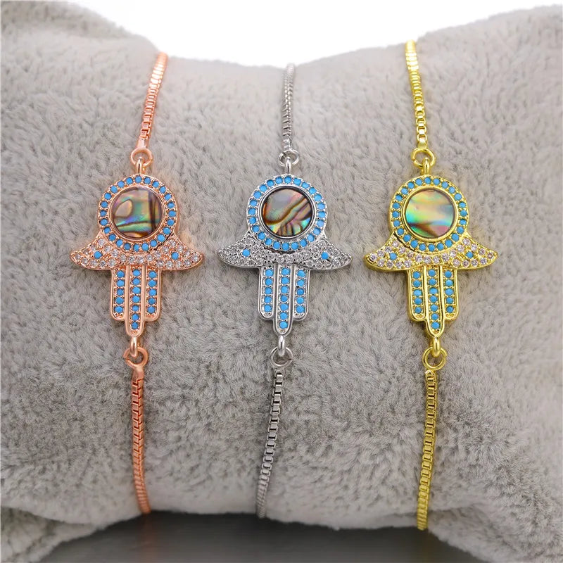 Juya Handmade Copper Adjustable Chains Micro Pave Zircon Enamel Greek Evil Eye Of Fatima Hamsa Hand Bracelets For Women Men