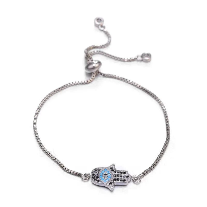 Juya Handmade Copper Adjustable Chains Micro Pave Zircon Enamel Greek Evil Eye Of Fatima Hamsa Hand Bracelets For Women Men