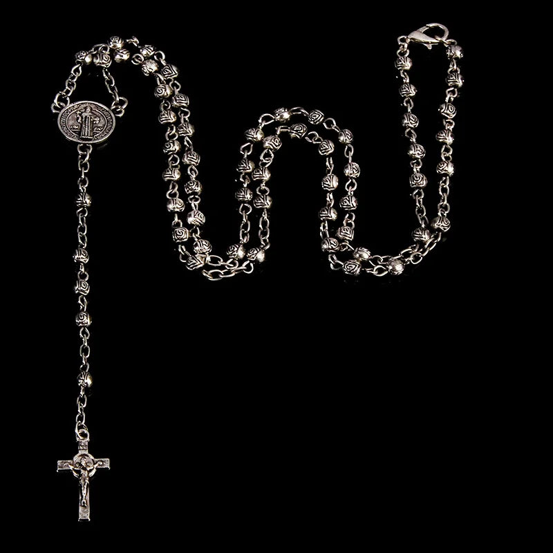 4mm stainless steel bead necklace, vintage gold rosary small necklace, female necklace Jesus cross necklace.