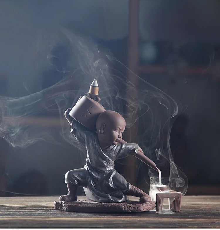 Gift 20Cones Creative Handmade Zen Kung Fu Monk Buddha Backflow Incense Burner Kungfu Tea Tea Art Tea Pet Smell Removing Incense