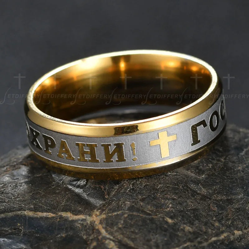 Letdiffery Religious Russian Ring Stainless Steel Russian Jesus Cross Ring GOD SAVE US Amulet Ring for Men Women Cross Jewelry