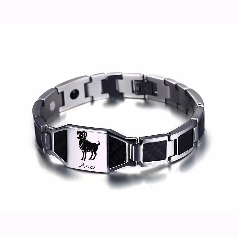 Vnox Gents Carbon Fiber Bracelets for Men Twelve Constellation Gemini Leo Engraved Stainless Steel Bio Energy with tool