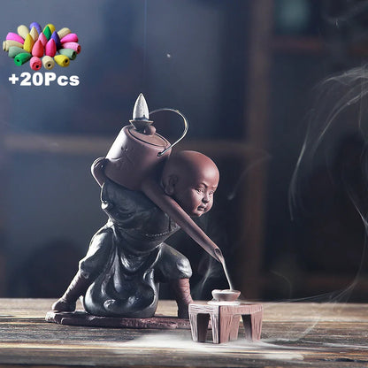 Gift 20Cones Creative Handmade Zen Kung Fu Monk Buddha Backflow Incense Burner Kungfu Tea Tea Art Tea Pet Smell Removing Incense