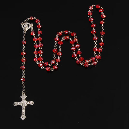 Classic 6mm Crystal Rosary Necklace, Catholic Holy Site Cross Pray Necklace, Fashion Crystal Rose Necklace