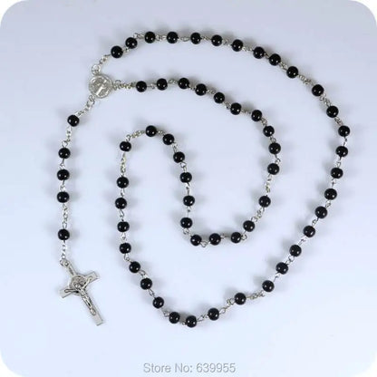 6mm Black Glass Rosary Beads Saint Benedict Medal INRI JESUS Cross Pendant Catholic Christian Fashion Religious Jewelry