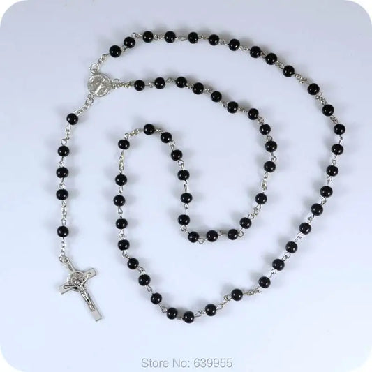 6mm Black Glass Rosary Beads Saint Benedict Medal INRI JESUS Cross Pendant Catholic Christian Fashion Religious Jewelry