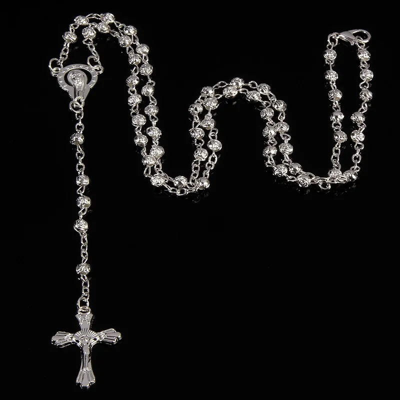 4mm stainless steel bead necklace, vintage gold rosary small necklace, female necklace Jesus cross necklace.