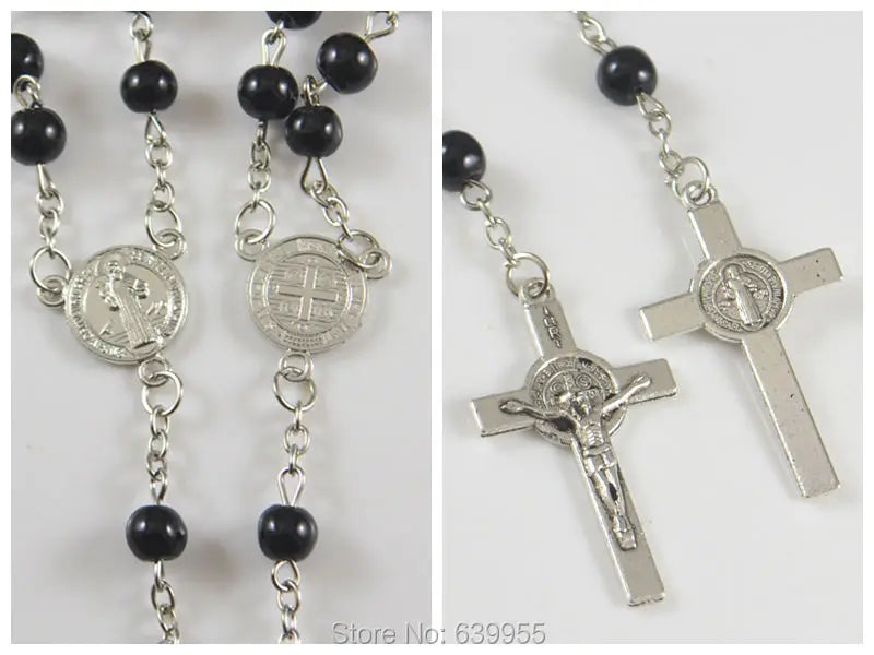 6mm Black Glass Rosary Beads Saint Benedict Medal INRI JESUS Cross Pendant Catholic Christian Fashion Religious Jewelry