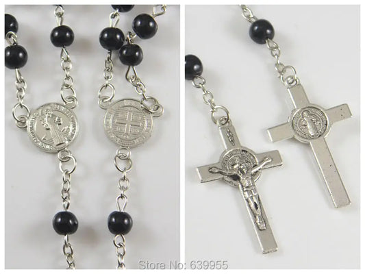 6mm Black Glass Rosary Beads Saint Benedict Medal INRI JESUS Cross Pendant Catholic Christian Fashion Religious Jewelry