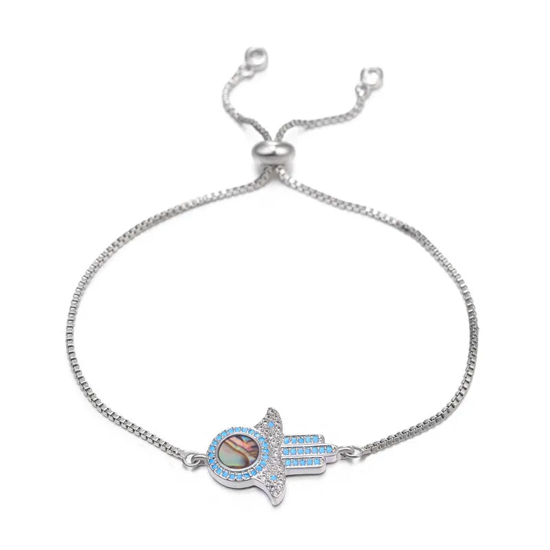 Juya Handmade Copper Adjustable Chains Micro Pave Zircon Enamel Greek Evil Eye Of Fatima Hamsa Hand Bracelets For Women Men