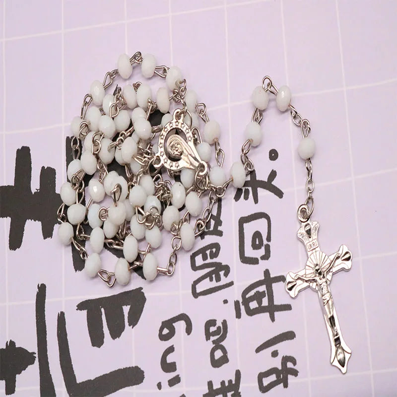Classic 6mm Crystal Rosary Necklace, Catholic Holy Site Cross Pray Necklace, Fashion Crystal Rose Necklace