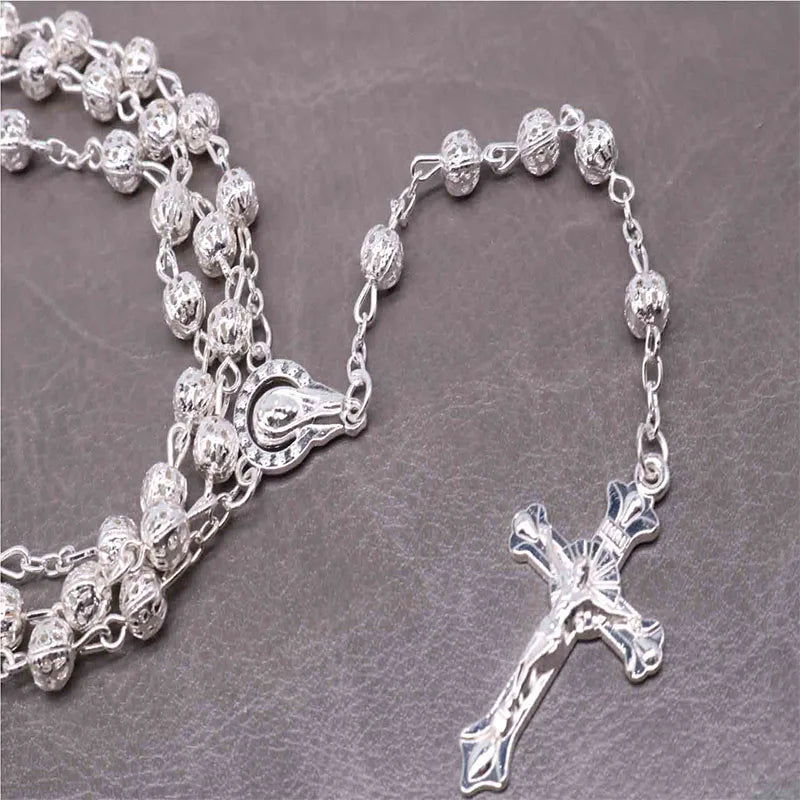 6MM Crystal Bead Cross Necklace Premium Golden Hollow Bead Necklace Rosary, Hollow Bead Cross Necklace