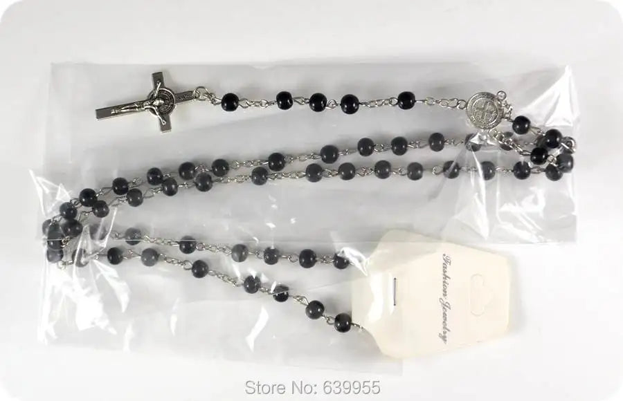 6mm Black Glass Rosary Beads Saint Benedict Medal INRI JESUS Cross Pendant Catholic Christian Fashion Religious Jewelry