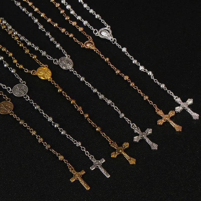 4mm stainless steel bead necklace, vintage gold rosary small necklace, female necklace Jesus cross necklace.