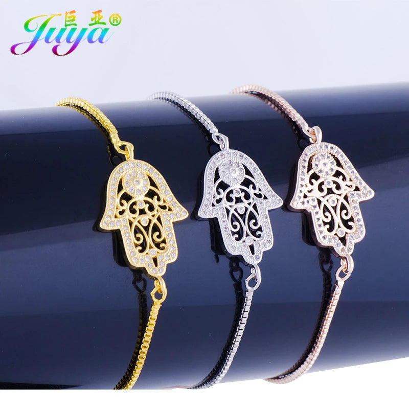 Juya Handmade Copper Adjustable Chains Micro Pave Zircon Enamel Greek Evil Eye Of Fatima Hamsa Hand Bracelets For Women Men