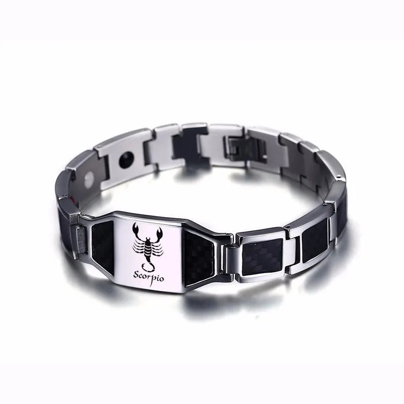 Vnox Gents Carbon Fiber Bracelets for Men Twelve Constellation Gemini Leo Engraved Stainless Steel Bio Energy with tool