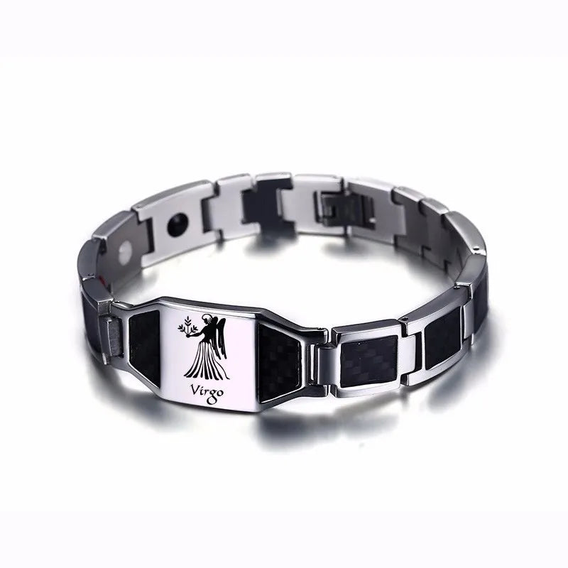 Vnox Gents Carbon Fiber Bracelets for Men Twelve Constellation Gemini Leo Engraved Stainless Steel Bio Energy with tool