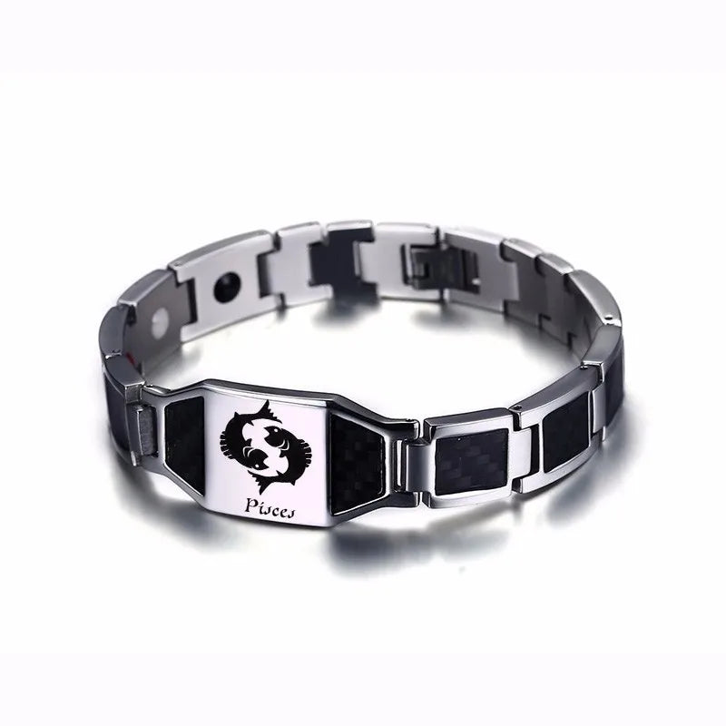 Vnox Gents Carbon Fiber Bracelets for Men Twelve Constellation Gemini Leo Engraved Stainless Steel Bio Energy with tool