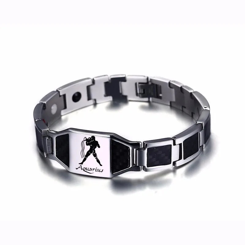 Vnox Gents Carbon Fiber Bracelets for Men Twelve Constellation Gemini Leo Engraved Stainless Steel Bio Energy with tool