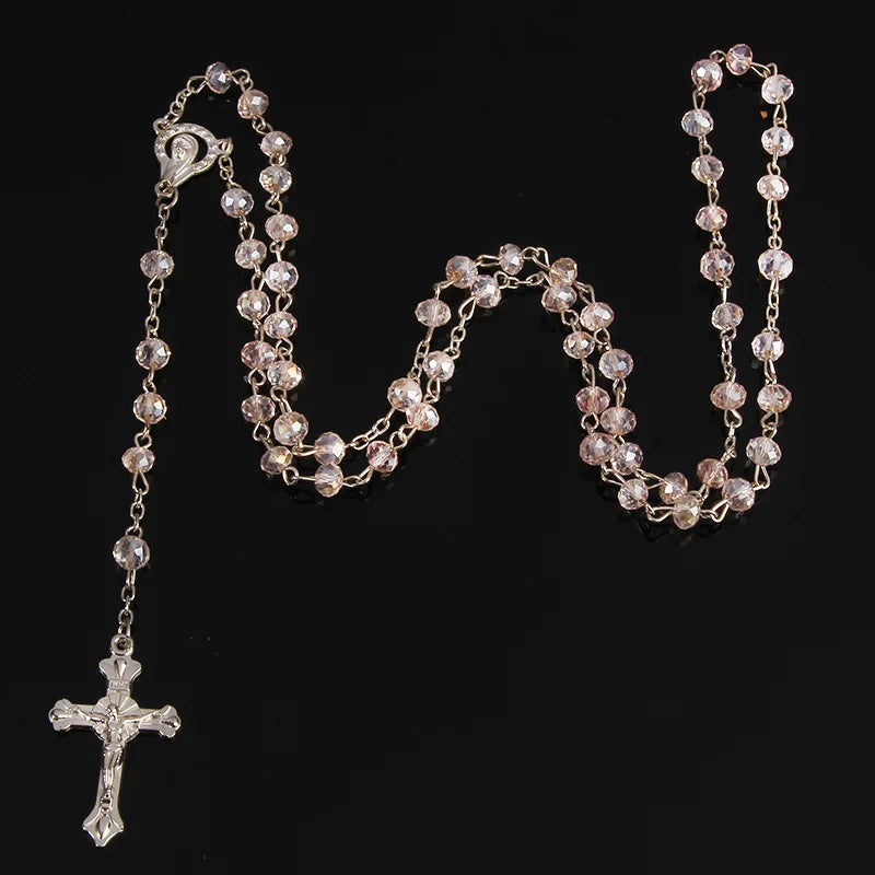 Classic 6mm Crystal Rosary Necklace, Catholic Holy Site Cross Pray Necklace, Fashion Crystal Rose Necklace