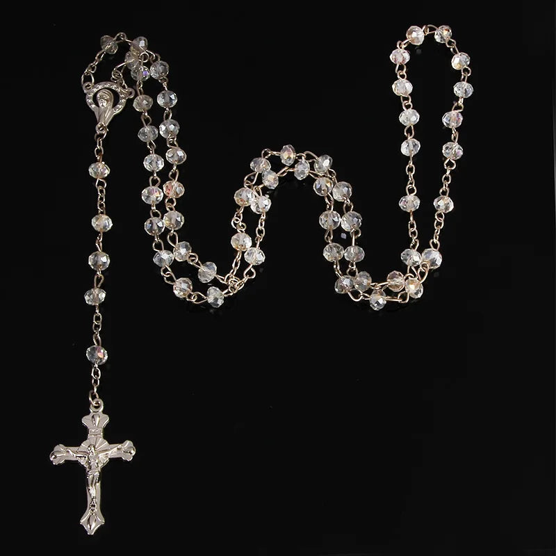 Classic 6mm Crystal Rosary Necklace, Catholic Holy Site Cross Pray Necklace, Fashion Crystal Rose Necklace