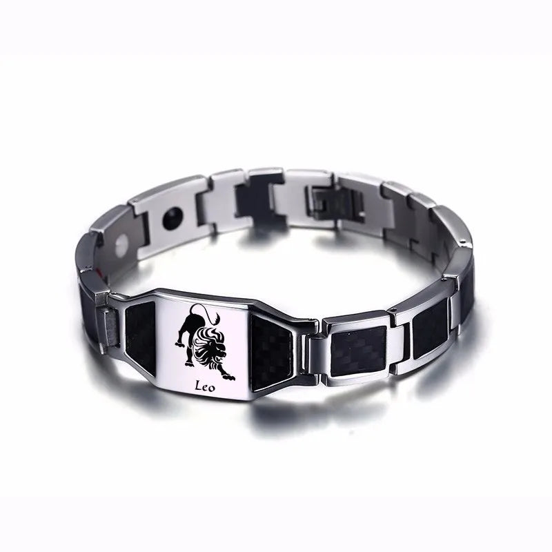 Vnox Gents Carbon Fiber Bracelets for Men Twelve Constellation Gemini Leo Engraved Stainless Steel Bio Energy with tool