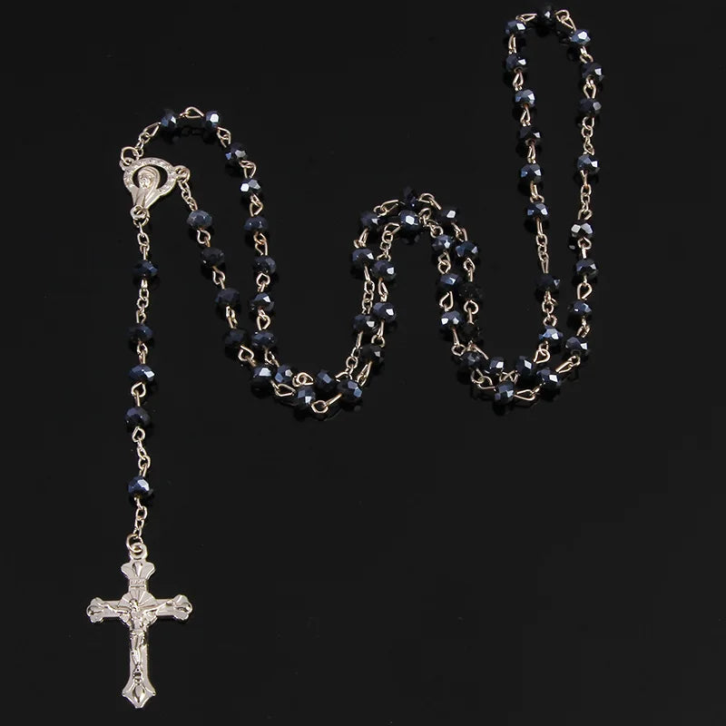 Classic 6mm Crystal Rosary Necklace, Catholic Holy Site Cross Pray Necklace, Fashion Crystal Rose Necklace