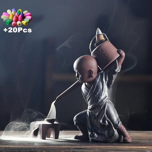 Gift 20Cones Creative Handmade Zen Kung Fu Monk Buddha Backflow Incense Burner Kungfu Tea Tea Art Tea Pet Smell Removing Incense