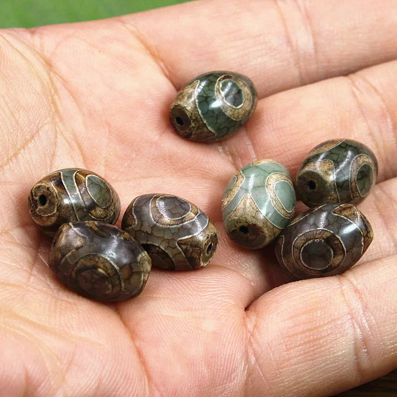 1/2pcs Prayer Mala Tibetan Mystical Dzi 3 Green Eyes Oval Beads DIY Bracelet Necklace Charms Findings For Jewelry Making 8x12mm